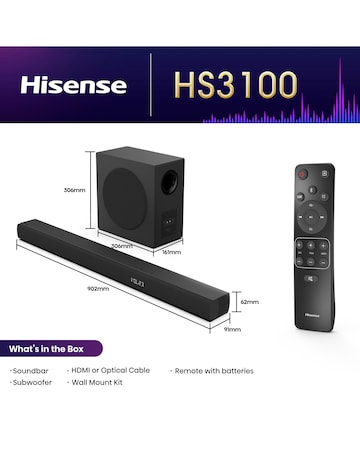 Hisense HS3100 3.1ch 480W Soundbar with Wireless Subwoofer