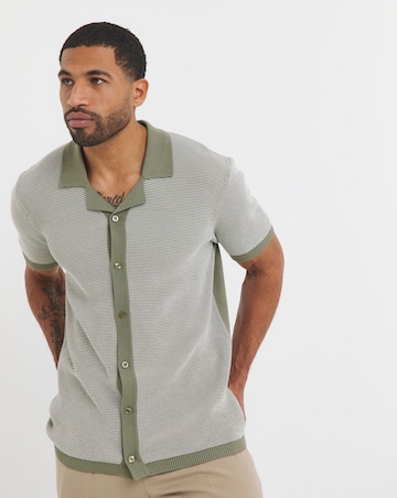 Green Textured Knit Cuban Collar Shirt