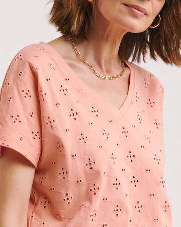Coral V Neck Broderie Short Sleeve T-Shirt