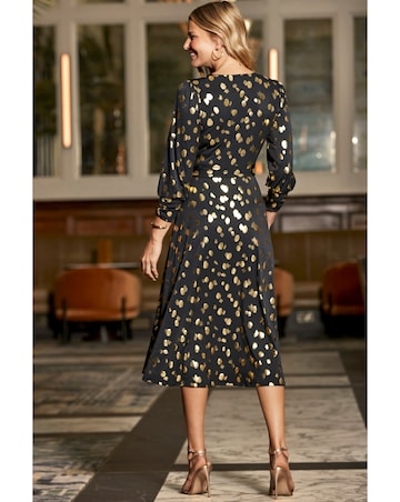 Sosandar Black Gold Foil Print Fit and Flare Midi Dress