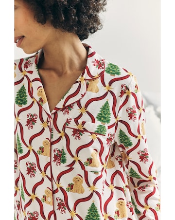 Chelsea Peers Jersey Button Up Christmas Dog Print Pyjama Set
