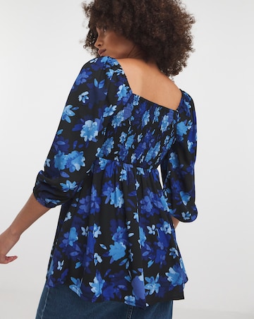 Blue Floral Pleated Front Top