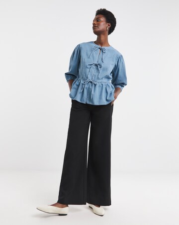 Light Blue Peplum Puff Sleeve Denim Top