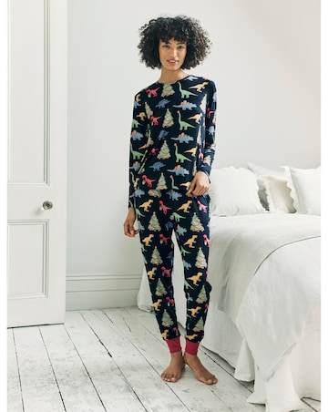 Chelsea Peers Jersey Crew Neck Christmas Dinosaur Print Pyjama Set