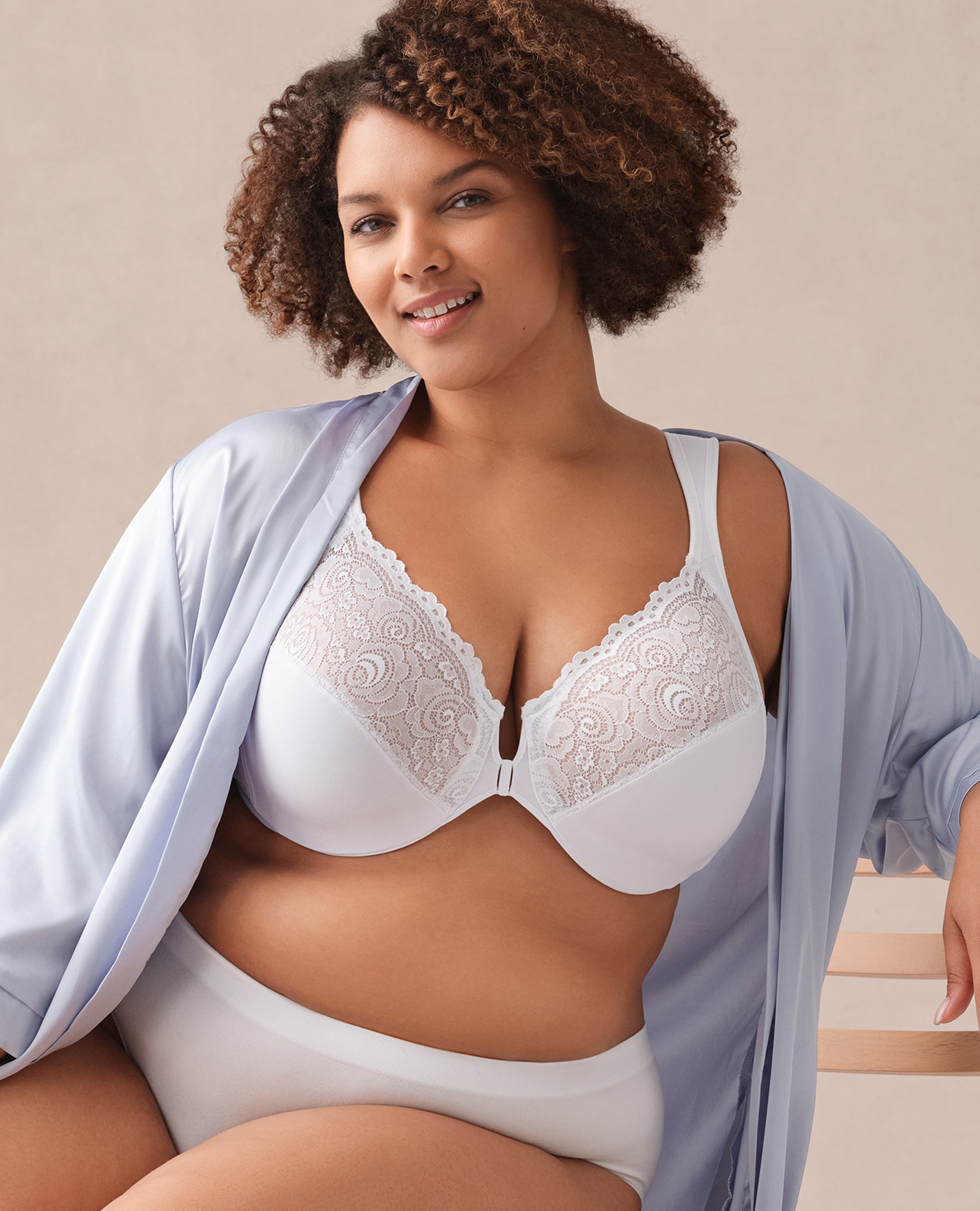 Women sat on Chair wearing Glamorise Plus Size WonderWire Front-Fastening Bra 1245