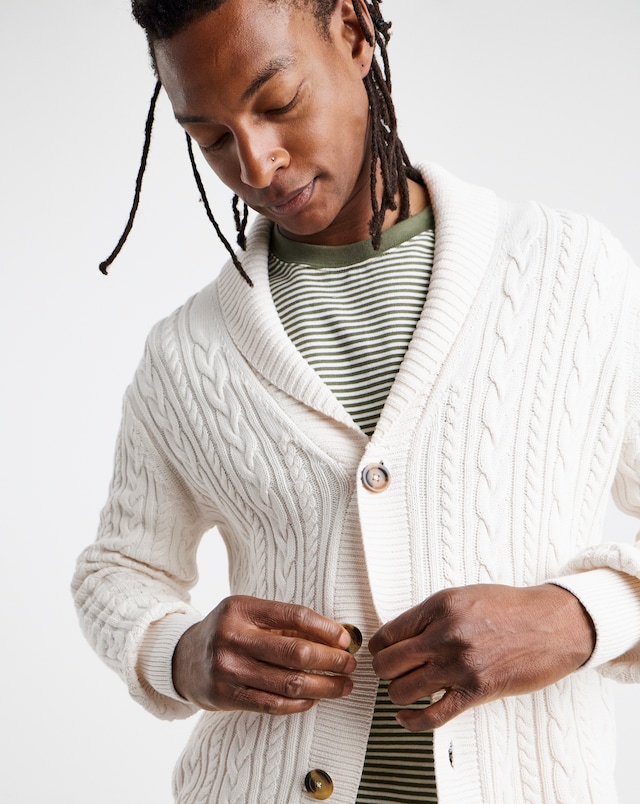 Ecru Cable Knit Shawl Neck Cardigan