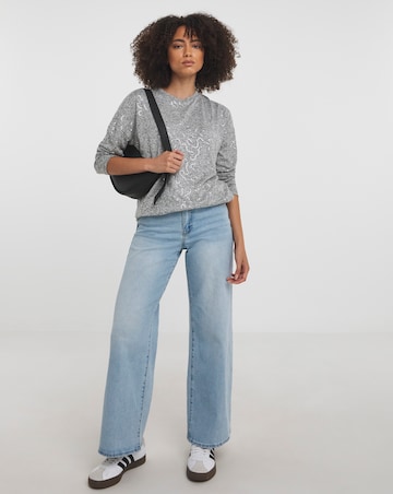 Grey Marl Sequin Knit Look Long Sleeve Split Hem Tunic