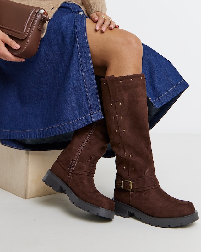 Zoey Studded Knee High Biker Boots - Wide Fit (E) & Curvy Calf