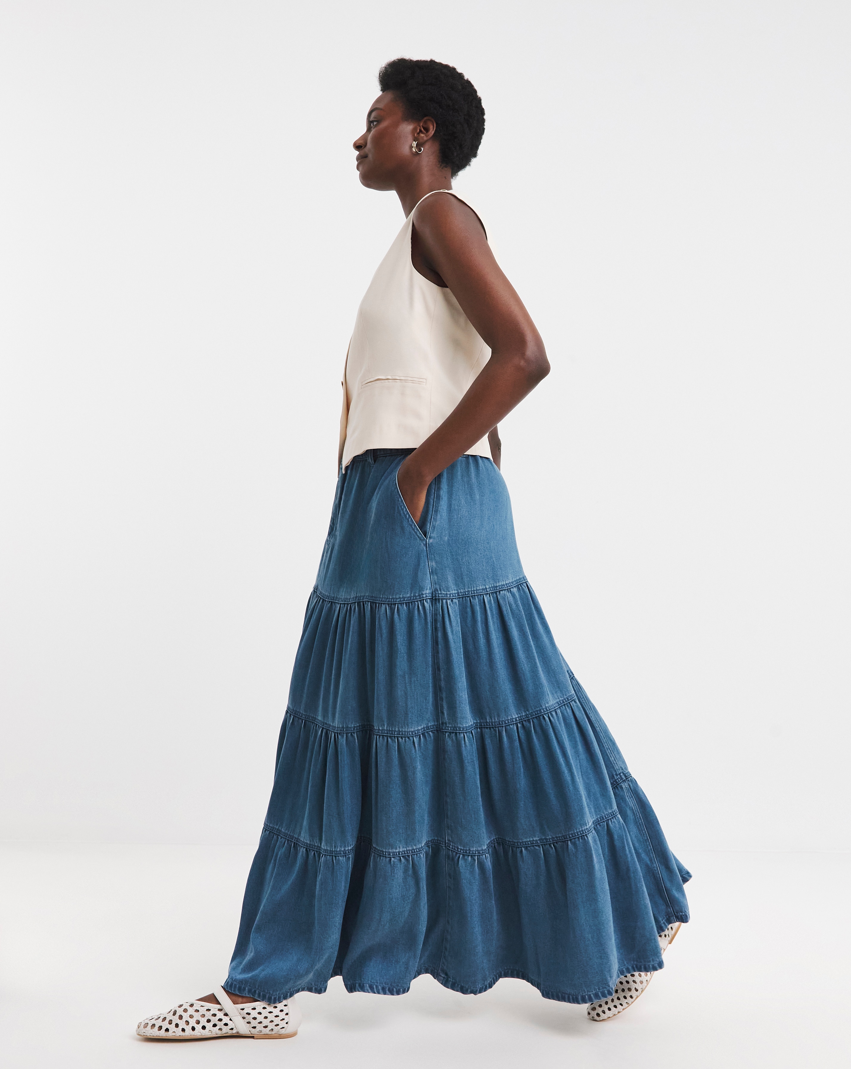 Blue Soft Maxi Tiered Denim Skirt with Tencel™ Lyocell | JD Williams