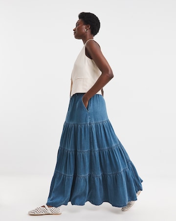 Blue Soft Maxi Tiered Denim Skirt with Tencel TM Lyocell