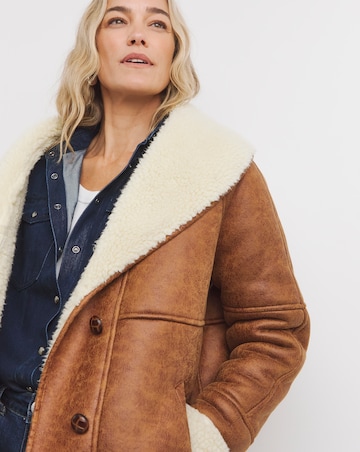Tan Mid Length Shearling Jacket