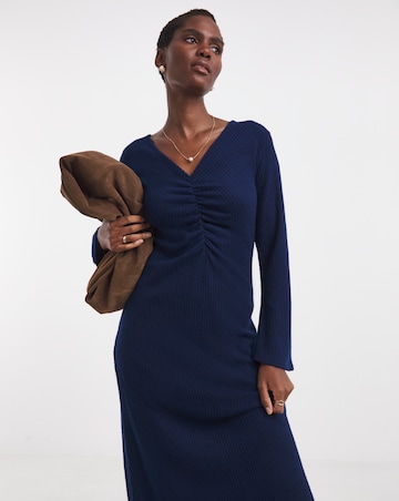 V Neck Long Sleeve Ruched Rib Dress
