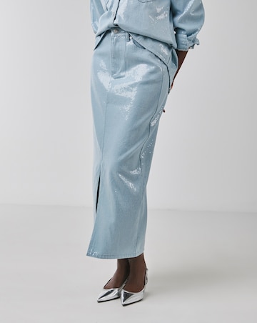 Clear Sequin Denim Midi Skirt