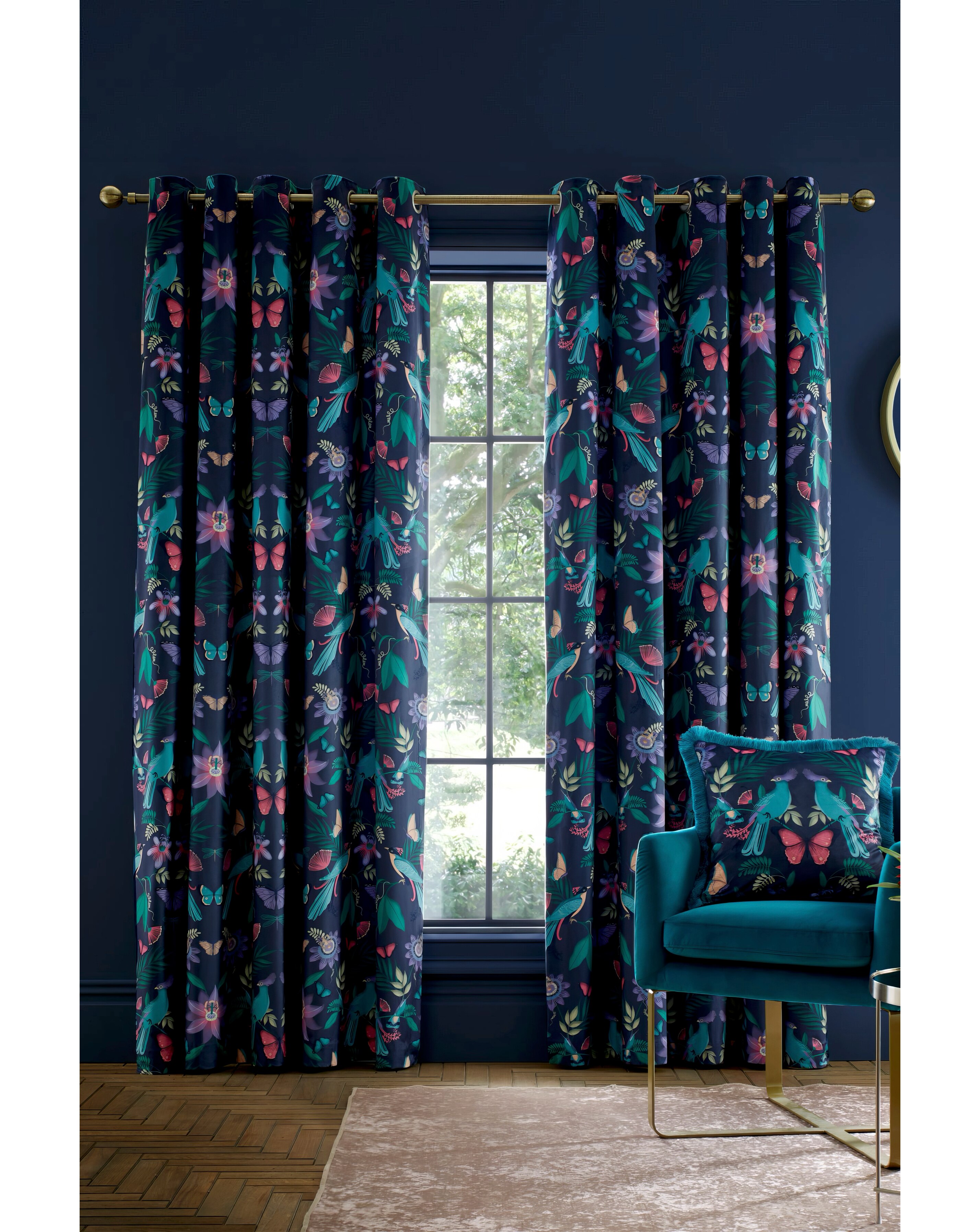 Catherine Lansfield Mya Tropical Birds Velvet Eyelet Curtain