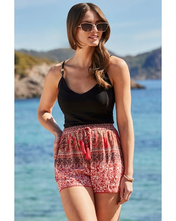 Sosandar Red Scarf Print Tassel Detail Shorts