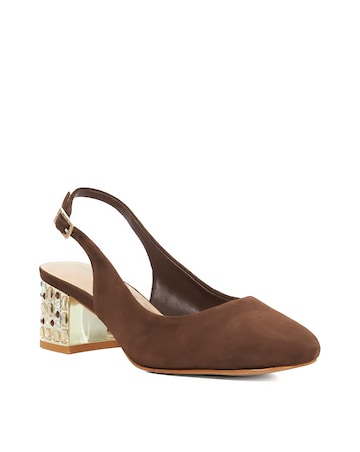 Dune Catharine Brown Suede Slingback Jewel Embellished Block Heel