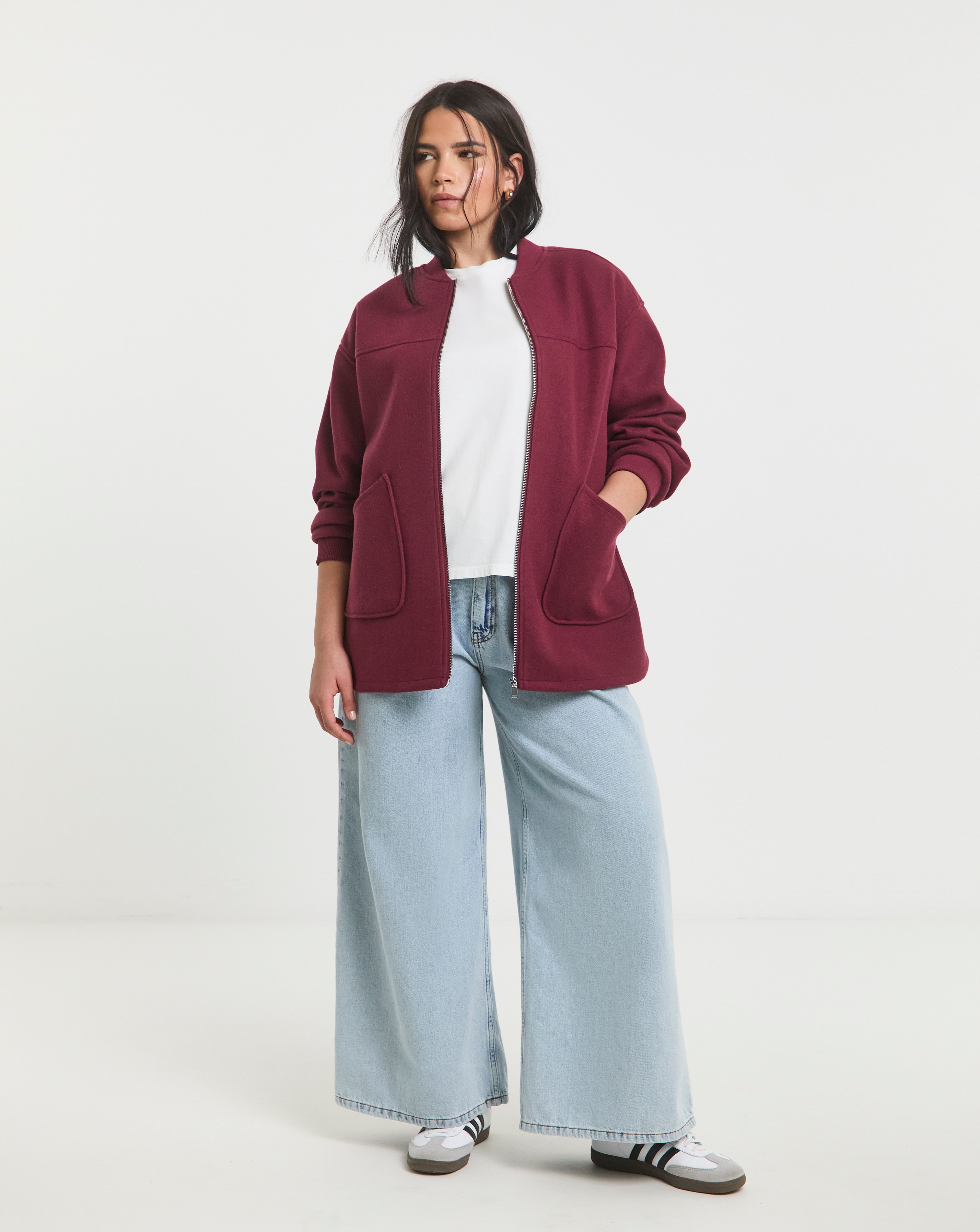 Simply Be Burgundy Soft Zip Through Bomber Jacket | JD Williams