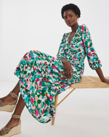 Blurred Floral Jersey Ruched Front Midi Dress