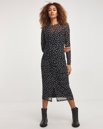 Spot Mesh Ruched Midi Dress