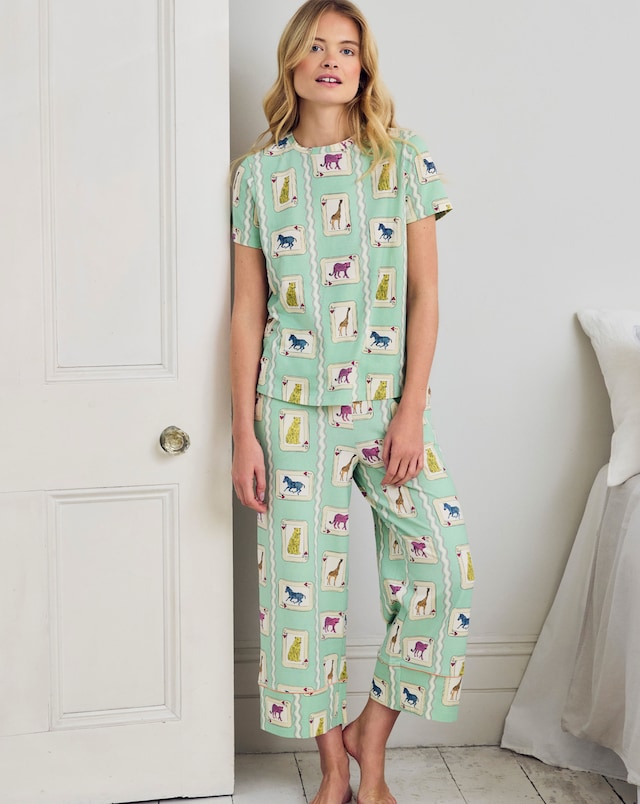 Chelsea Peers Organic Cotton Capri Bottom Pyjama Set Playing Card Animal Print