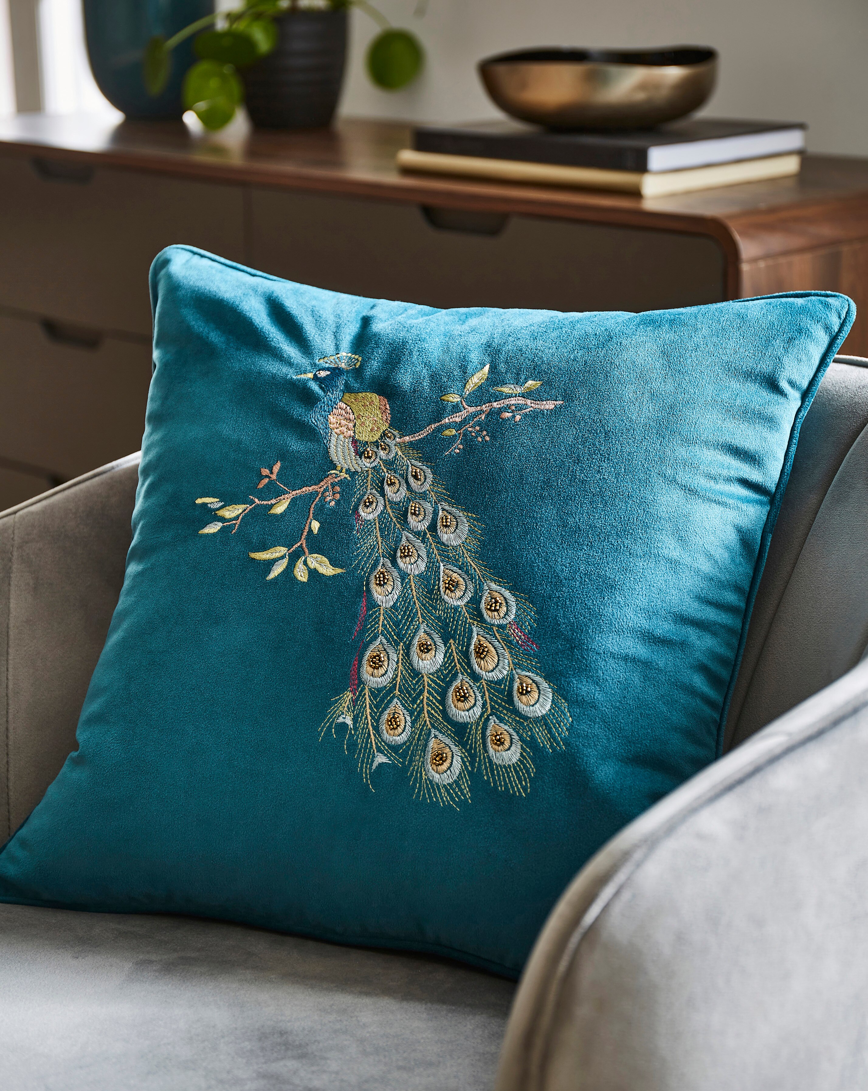 Peacock Blue Teal Velvet Beaded Peacock Pillow Luxury Super Soft