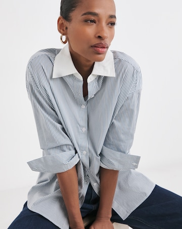 Womens Cotton Poplin Contrast Collar Oversized Shirt - Blue Stripe