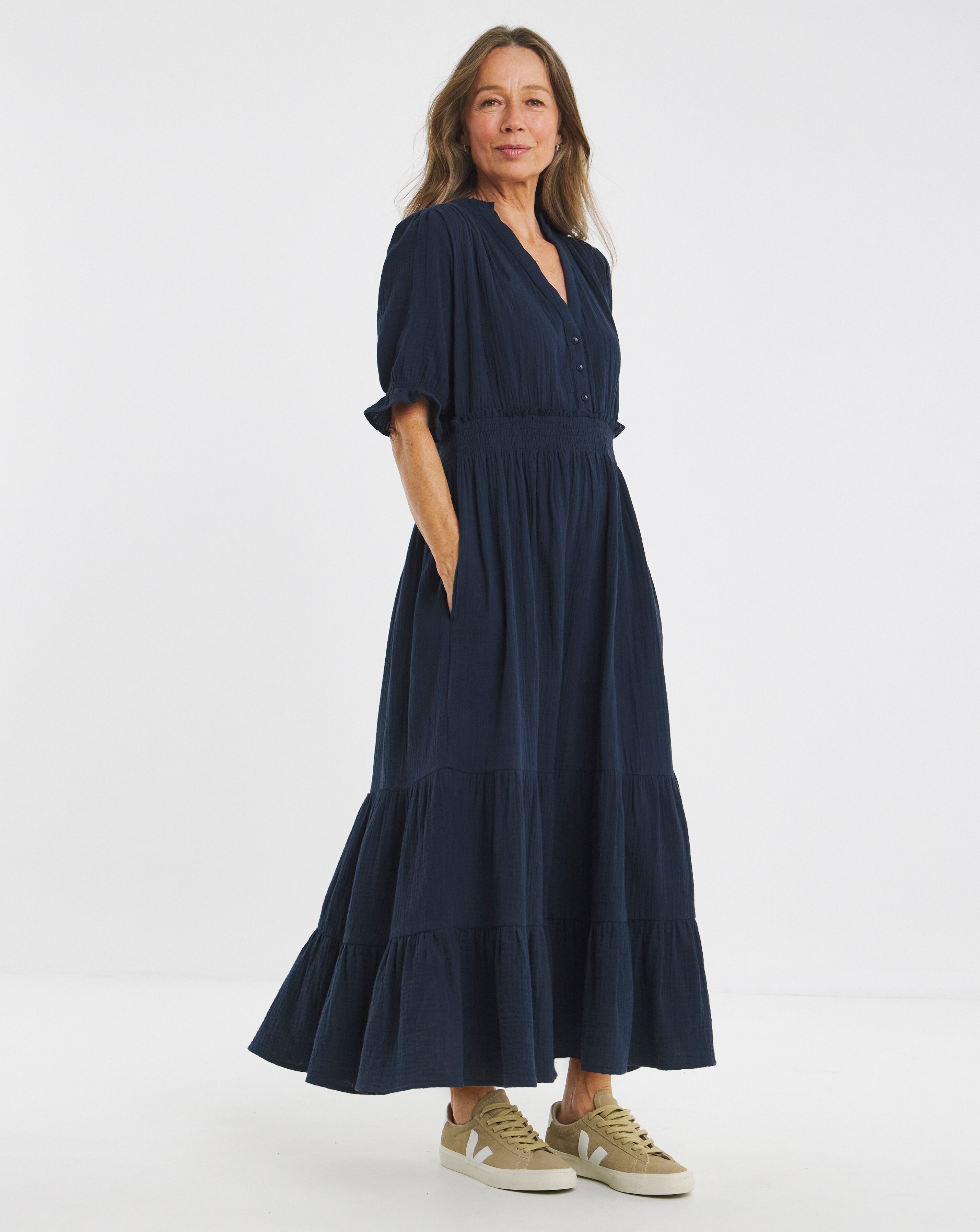 Pure Cotton Textured Short Sleeve Tiered Maxi Dress