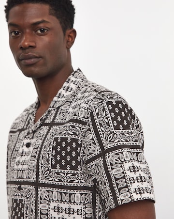 Linen Blend Bandana Print Cuban Collar Shirt