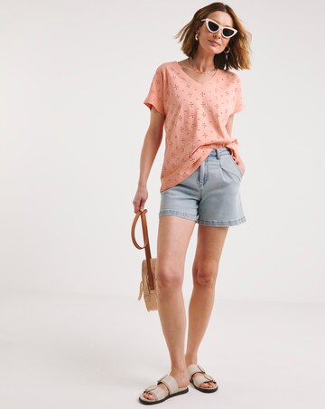 Coral V Neck Broderie Short Sleeve T-Shirt