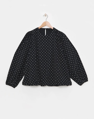 Crew Neck Blouson Sleeve Blouse - Black Spot