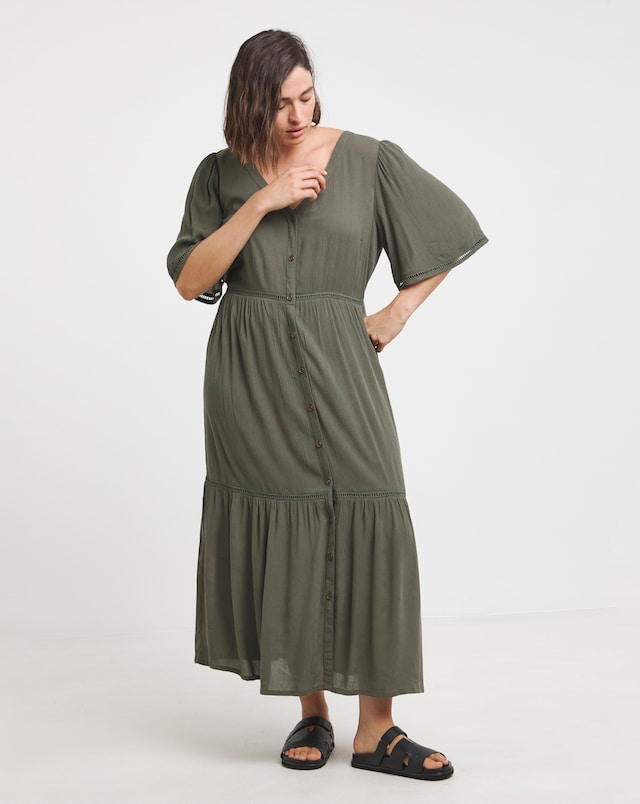 Simply Be Khaki Crinkle Ladder Trim Midi Dress