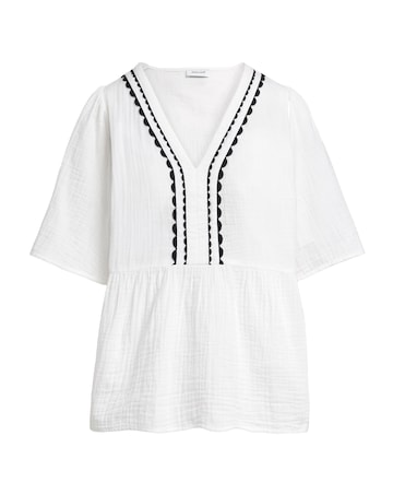 Trim Detail Pure Cotton Textured Short Sleeve Smock Top
