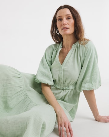 Pure Cotton Textured Bubble Sleeve Maxi Dress