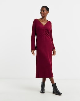 V Neck Long Sleeve Ruched Rib Dress