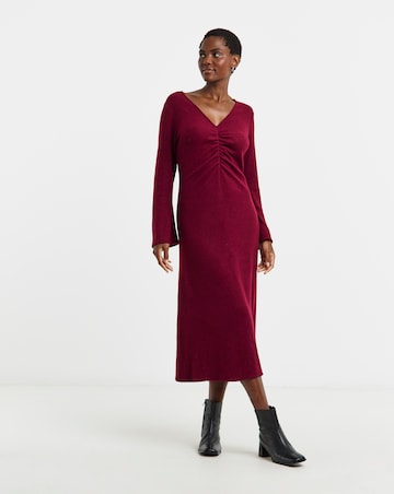 V Neck Long Sleeve Ruched Rib Dress