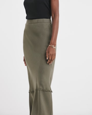Khaki Linen Mix Frayed Hem Skirt