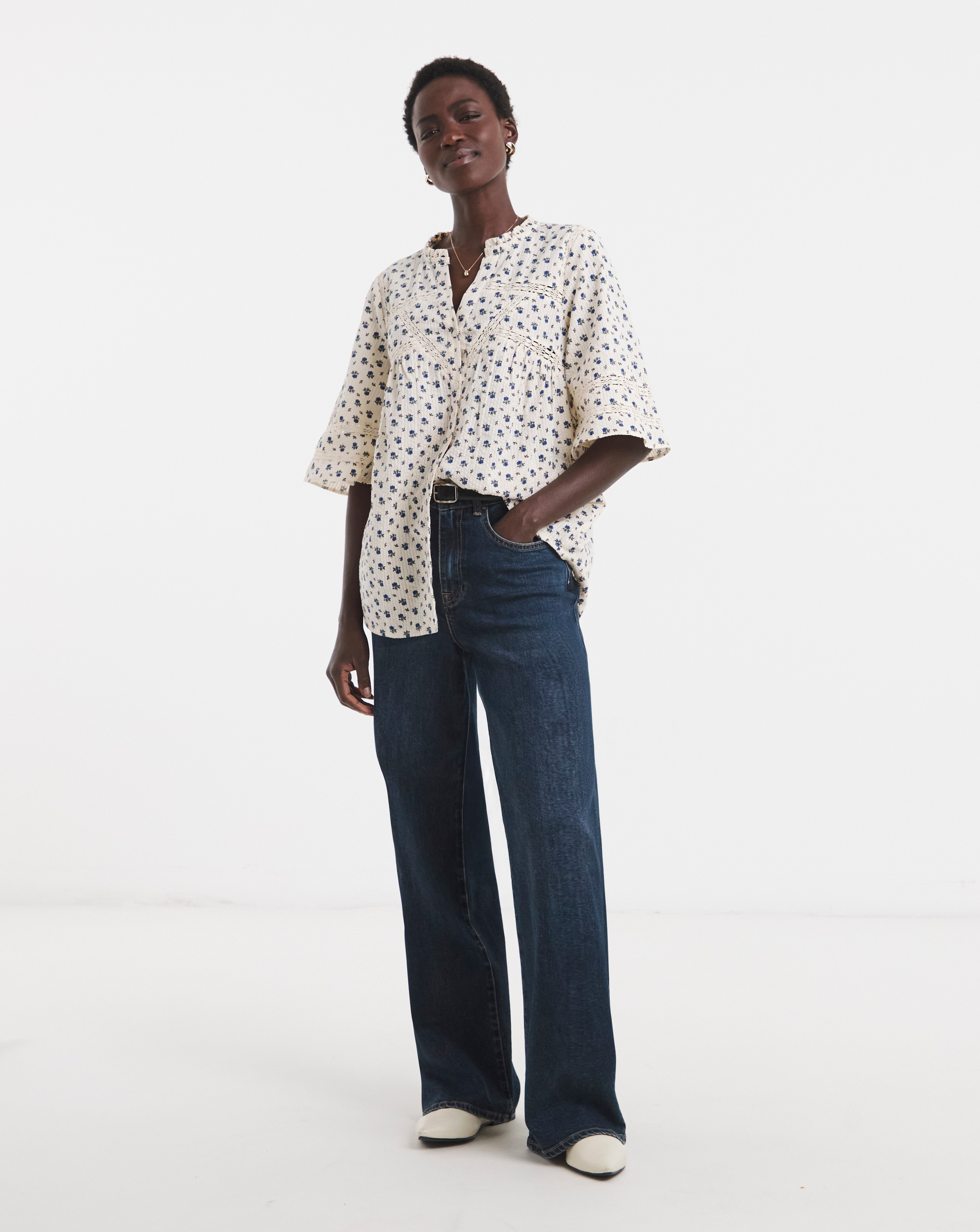 Printed Pure Cotton Seersucker Trim Short Sleeve Blouse | JD Williams