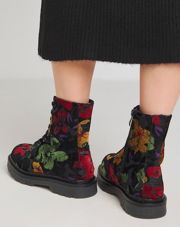 Heavenly Feet Floral Justina Lace Up Chunky Boot Wide E Fit