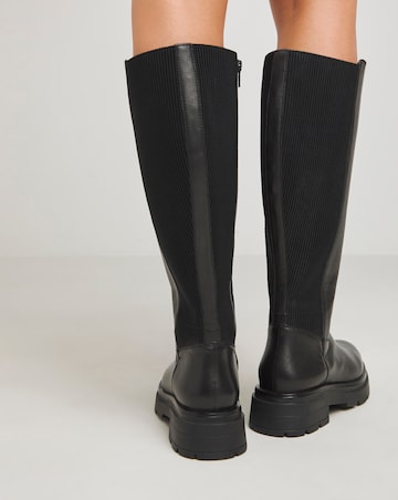 Ashleigh Leather Stretch Panel Flat Boots - Wide Fit (E) & Standard/Curvy Calf