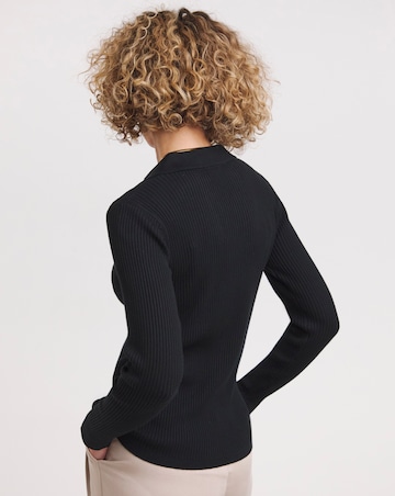 Ribbed Collar Long Sleeve Button Down Knitted Top