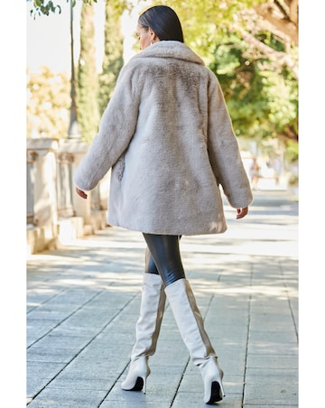 Sosandar Taupe Premium Faux Fur Coat with Button Detail
