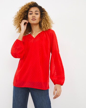 Bright Orange Long Sleeve Tie V Neck Dobby Top