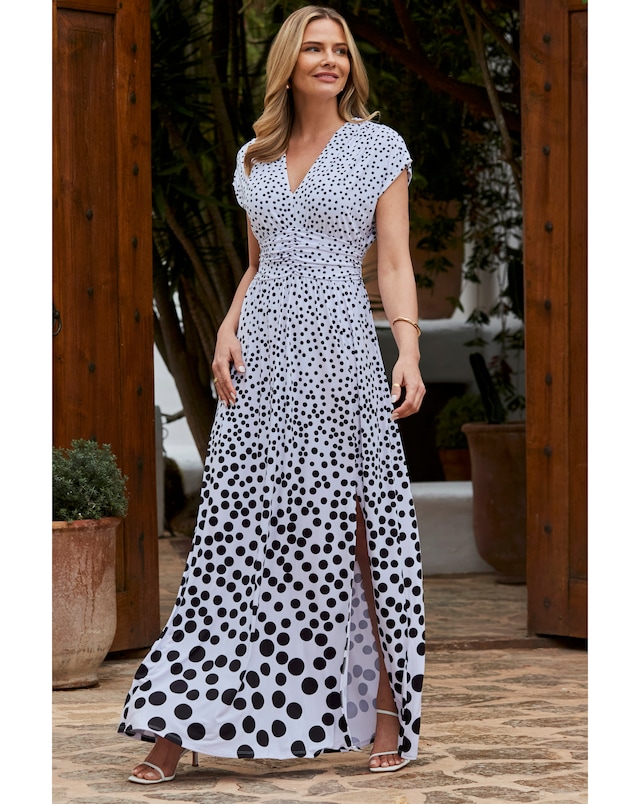 Sosandar Ivory Spot Print Belted Maxi Jersey Dress