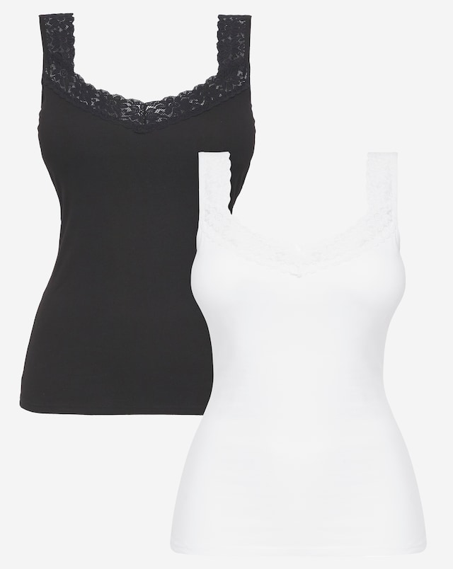 Pretty Secrets (2 Pack) Lace Trim Vests White/Black