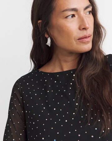 Black Crew Neck Long Sleeve Glitter Mesh Top