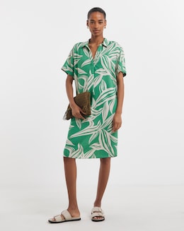 Linen Mix Collared Short Sleeve Tunic Dress