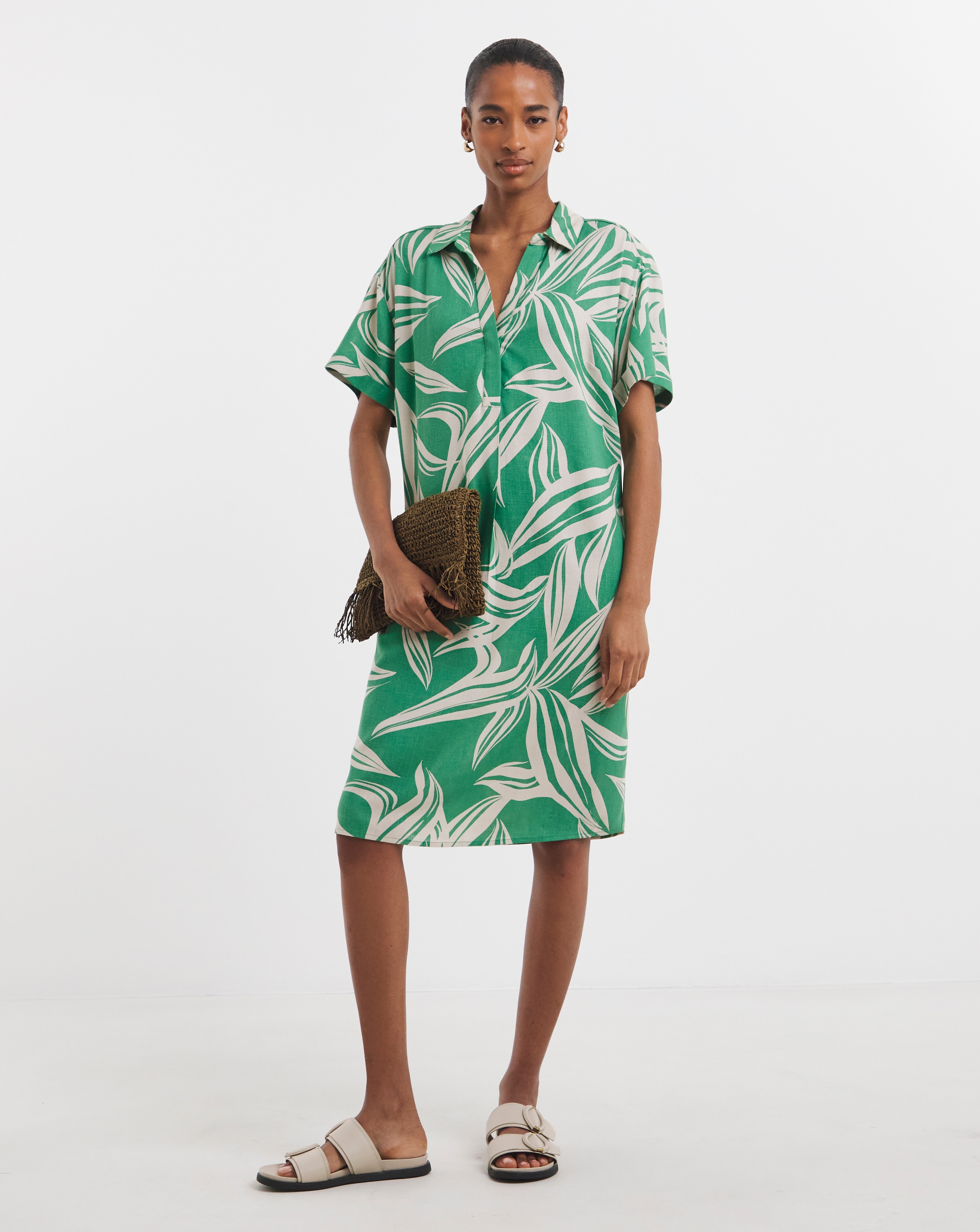 Linen Mix Collared Short Sleeve Tunic Dress