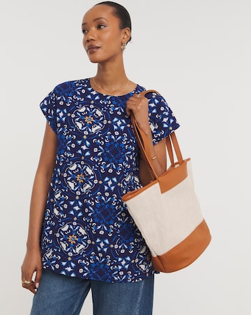 Womens Short Sleeve Smock Top - Blue Print