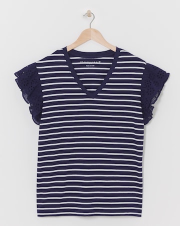 Plisse & Broderie Sleeve V Neck Top