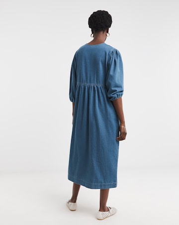 Blue Peplum Puff Sleeve Denim Dress